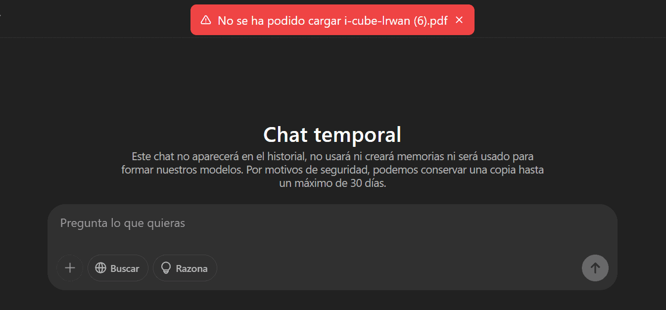 Mensaje de error al cargar un archivo en chatgpt ChatGPT vs Gemini: Mensaje error ChatGPT