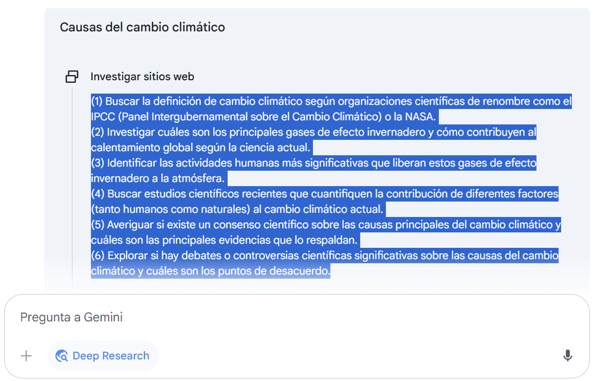 Plan de Gemini Deep Search Interfaz de Gemini generando resúmenes para estudiar